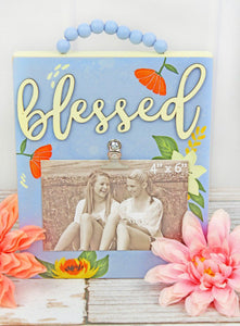 9.5 X 8 'BLESSED' FLORAL WOOD BEADED HANGER 4X6 PHOTO DISPLAY